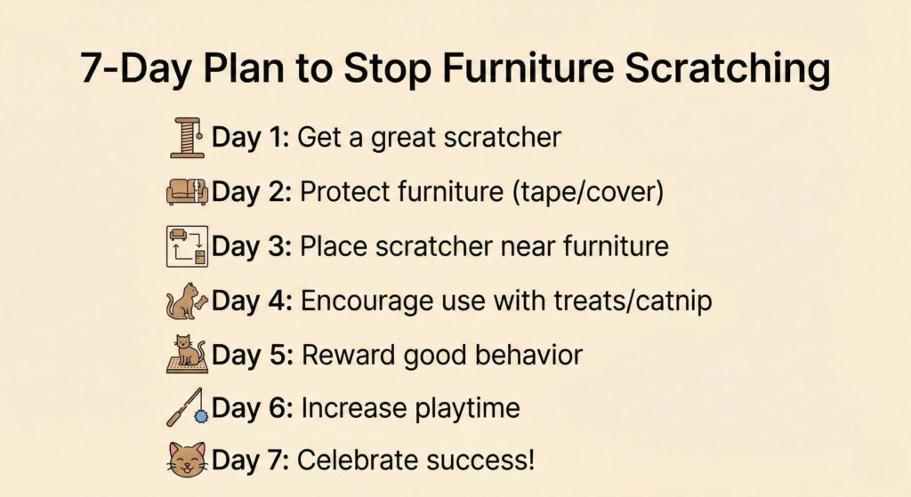 7-day plan checklist to stop a cat from scratching furniture.