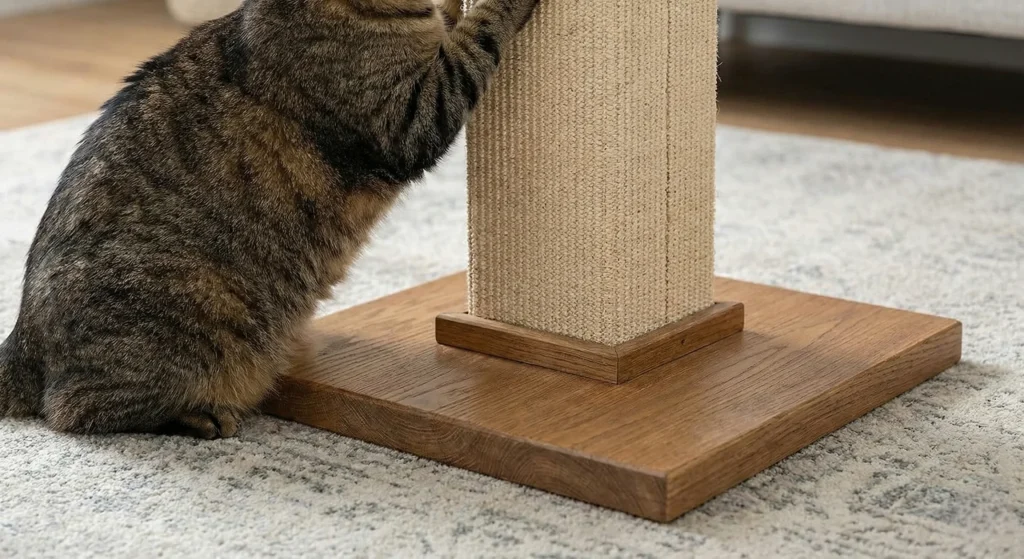 Tabby cat scratching a sisal-wrapped post on a square wooden base in a living room.