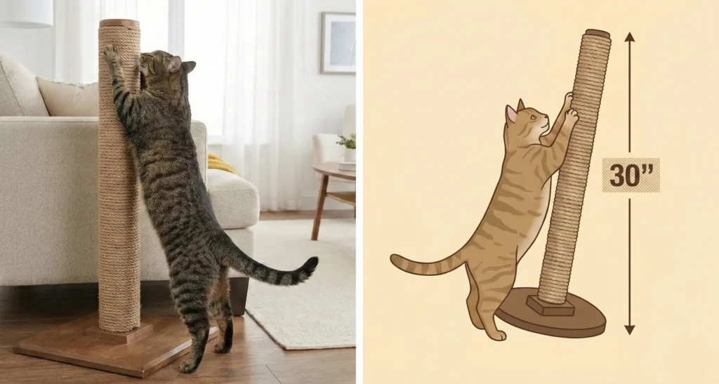 Illustration of a cat reaching up a scratching post with a height label showing 30 inches.