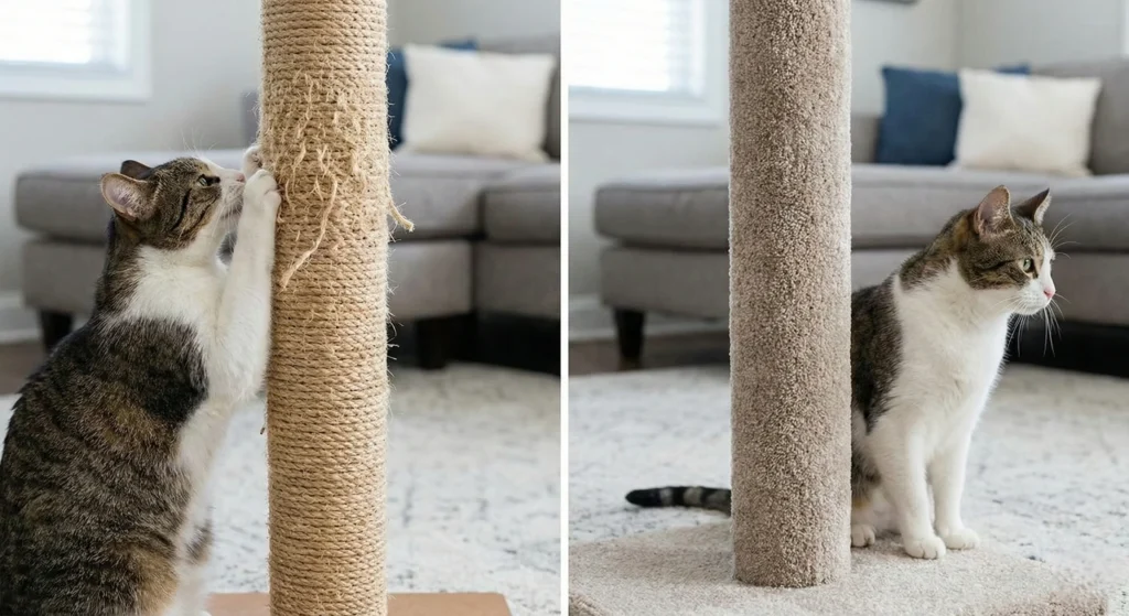 natural sisal rope (left) compared with another cat ignoring a soft carpet-covered post (right).