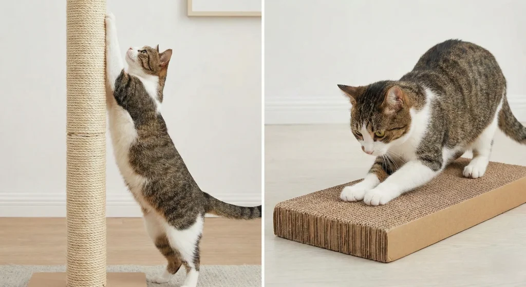a cat standing and stretching to use a tall vertical sisal post (left) and a second cat crouched low to use a flat horizontal cardboard scratcher (right).
