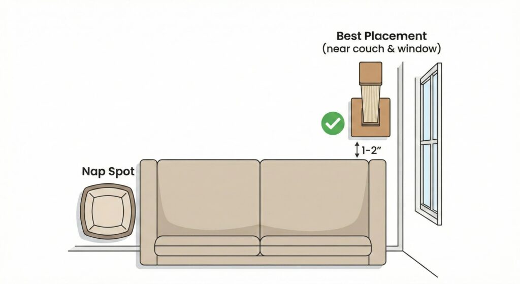 Diagram showing the best placement for a cat scratching post near a couch.