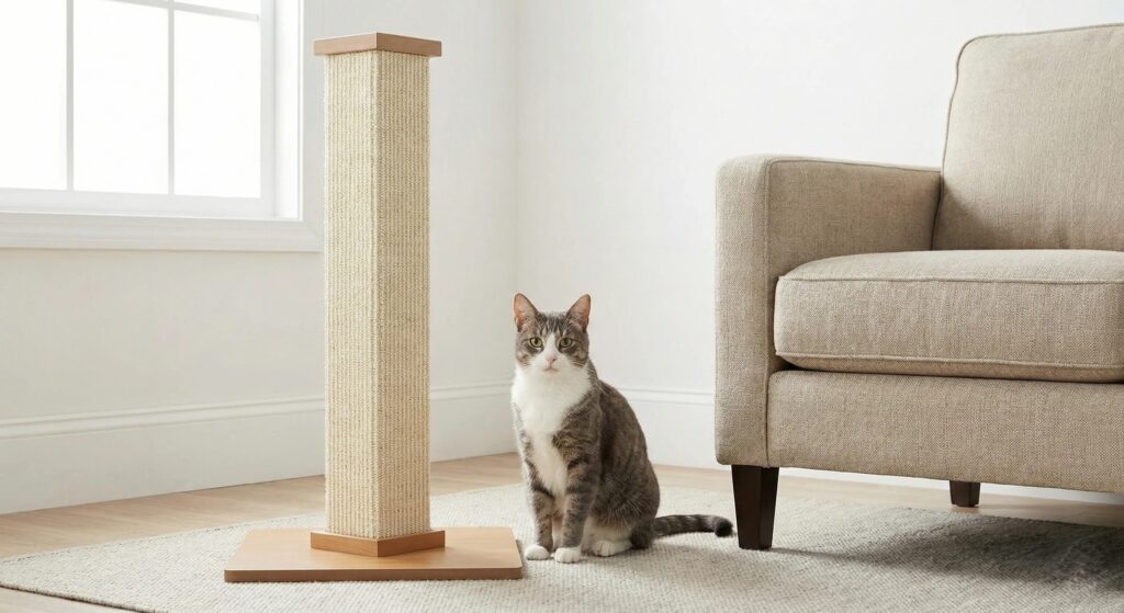 How to Stop a Cat From Scratching Furniture: 7-Day Plan Scratching post placed beside a couch to help stop a cat from scratching furniture.