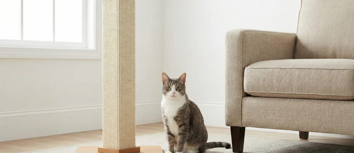 Scratching post placed beside a couch to help stop a cat from scratching furniture.