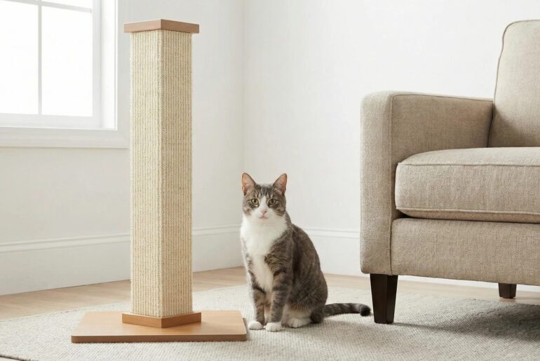 Scratching post placed beside a couch to help stop a cat from scratching furniture.