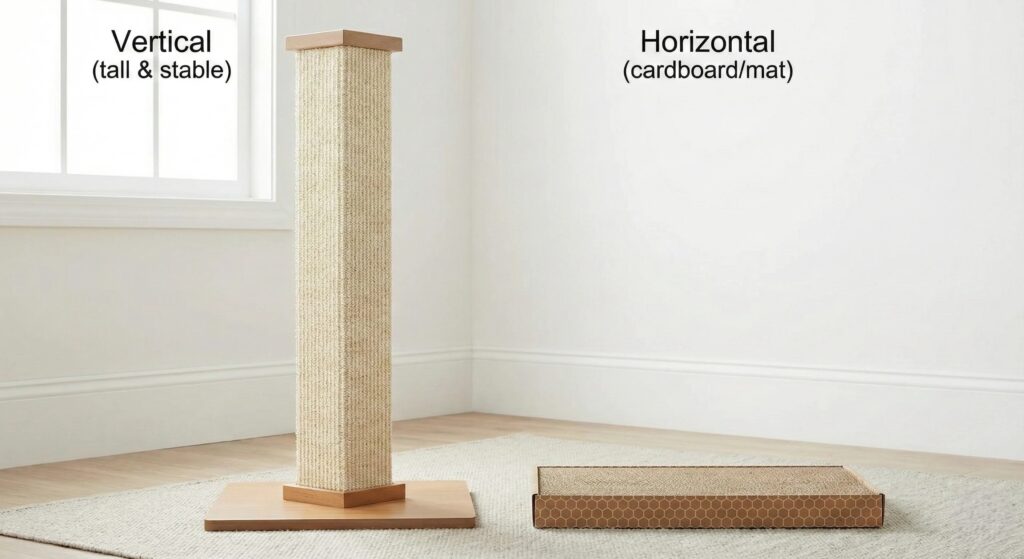 Vertical scratching post vs horizontal scratch pad to show different cat scratching preferences..